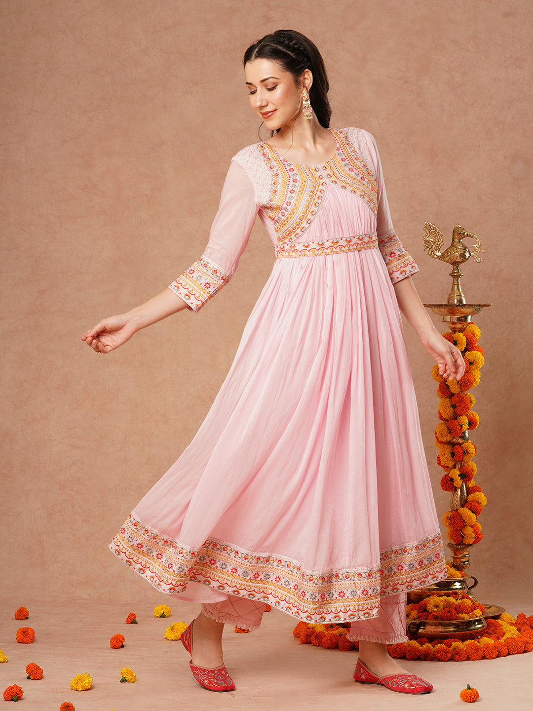 Solid Ethnic Embroidered A-Line Pleated Flared Maxi Mulmul Dress with Belt - Pink