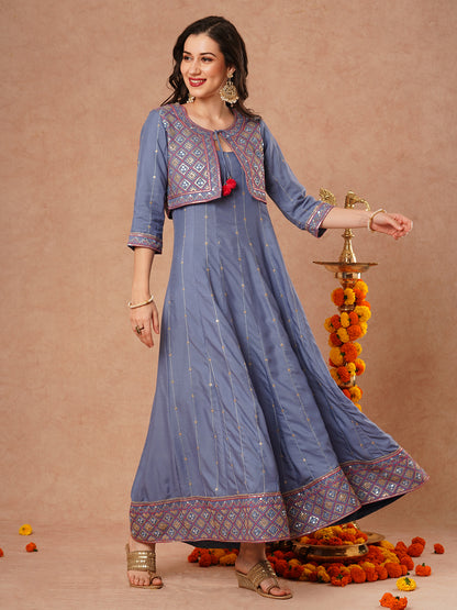 Solid Ethnic Embroidered Anarkali Flared Kurta with Embroidered Short Jacket and Pant - Blue