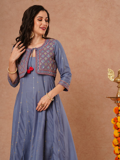 Solid Ethnic Embroidered Anarkali Flared Kurta with Embroidered Short Jacket and Pant - Blue