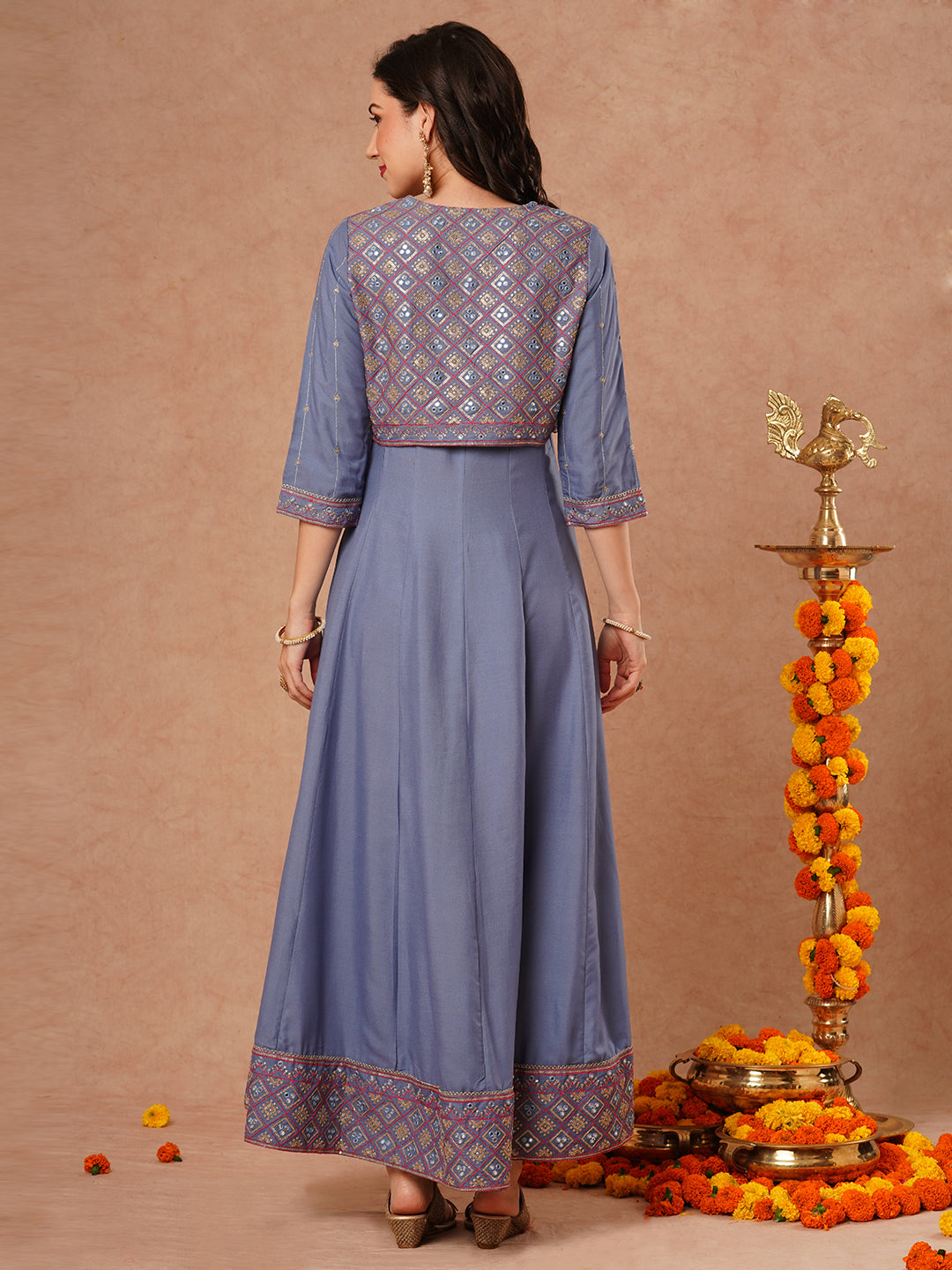 Solid Ethnic Embroidered Anarkali Flared Kurta with Embroidered Short Jacket and Pant - Blue