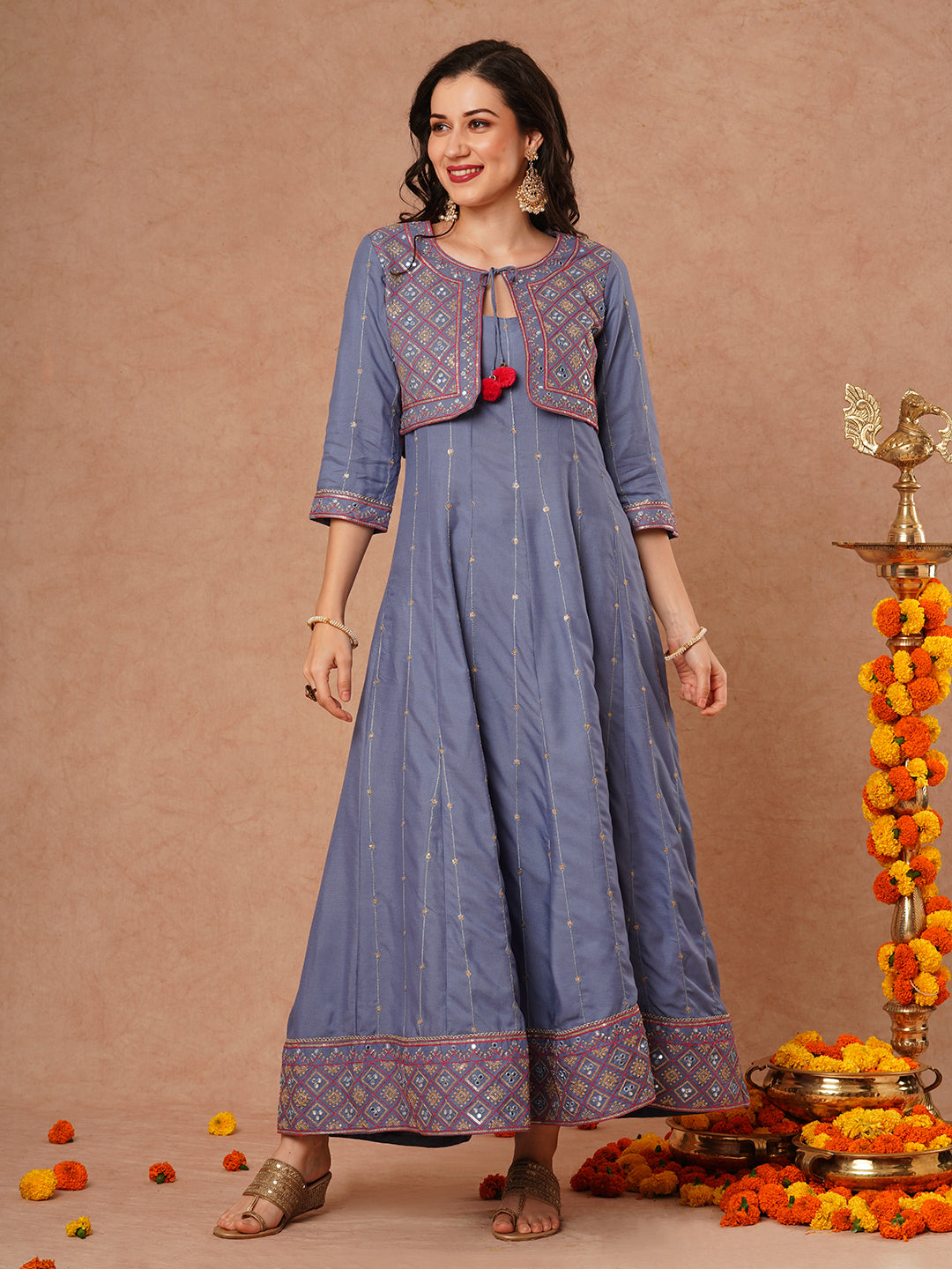 Solid Ethnic Embroidered Anarkali Flared Kurta with Embroidered Short Jacket and Pant - Blue