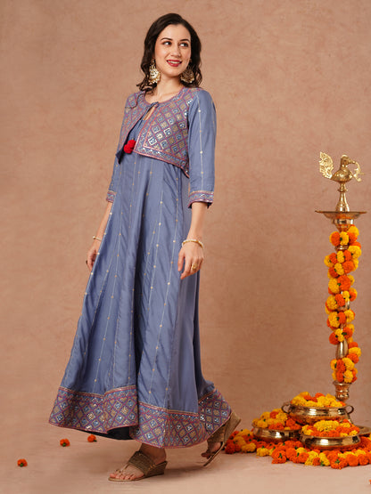 Solid Ethnic Embroidered Anarkali Flared Kurta with Embroidered Short Jacket and Pant - Blue