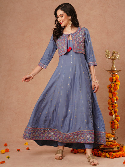 Solid Ethnic Embroidered Anarkali Flared Kurta with Embroidered Short Jacket and Pant - Blue