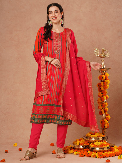 Ethnic Woven & Embroidered Straight Fit Kurta with Pant and Dupatta - Multi