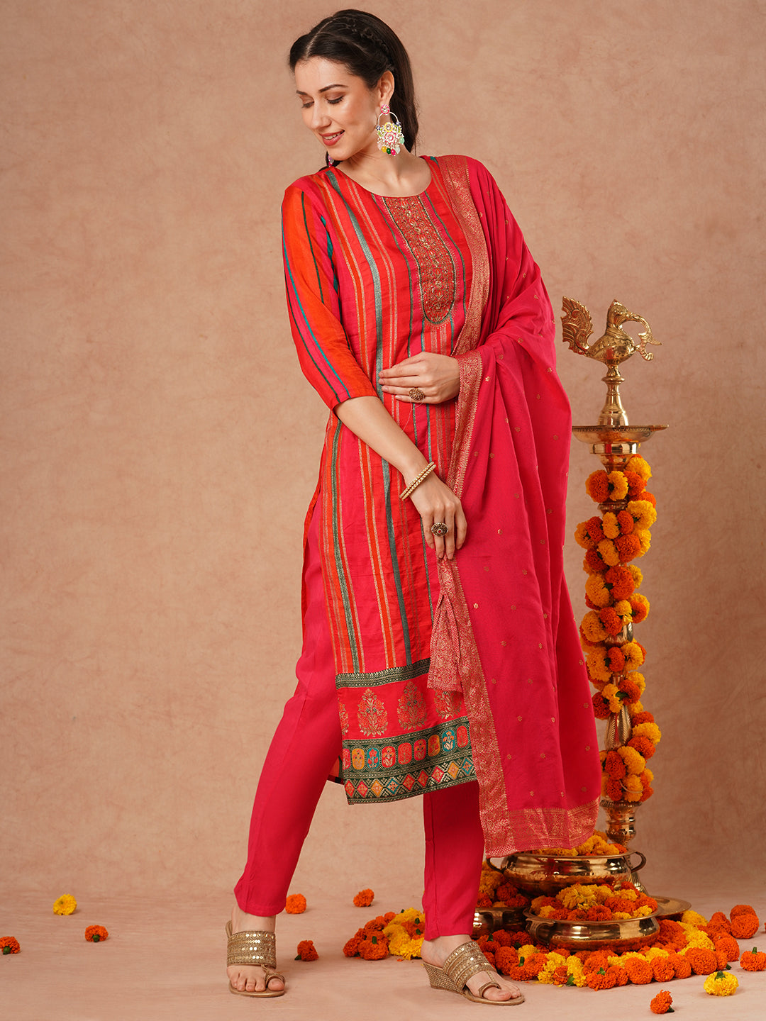 Ethnic Woven & Embroidered Straight Fit Kurta with Pant and Dupatta - Multi