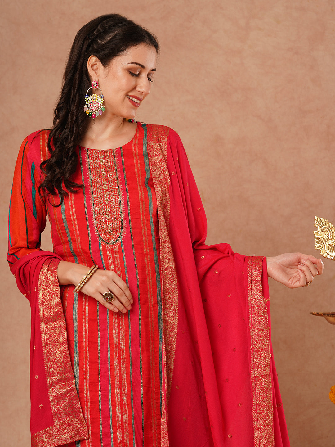 Ethnic Woven & Embroidered Straight Fit Kurta with Pant and Dupatta - Multi