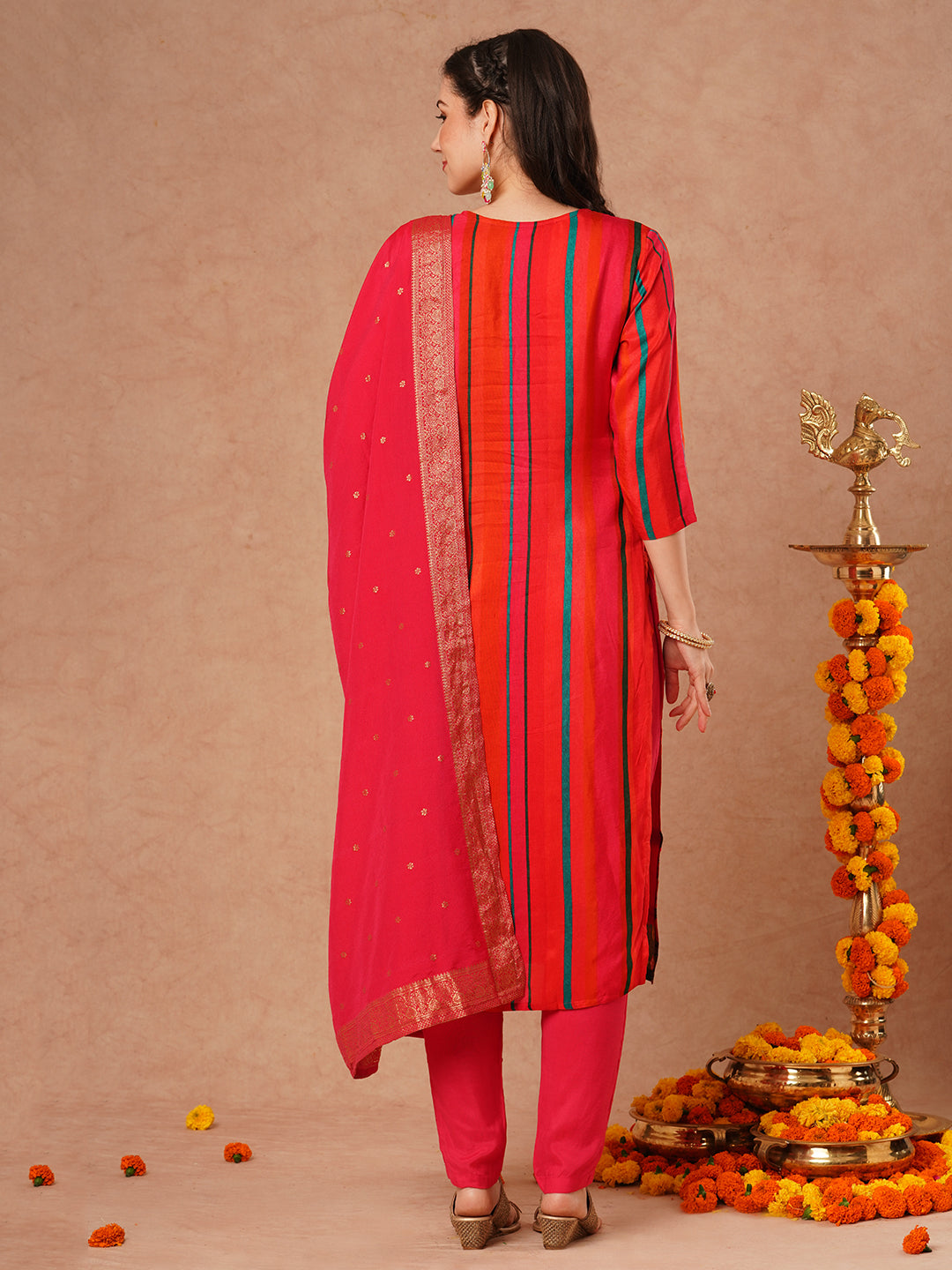 Ethnic Woven & Embroidered Straight Fit Kurta with Pant and Dupatta - Multi