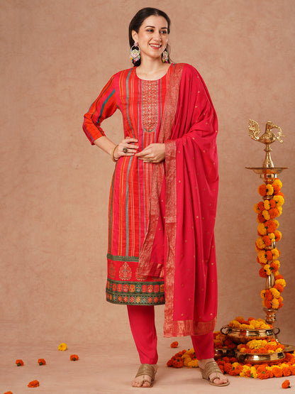 Ethnic Woven & Embroidered Straight Fit Kurta with Pant and Dupatta - Multi