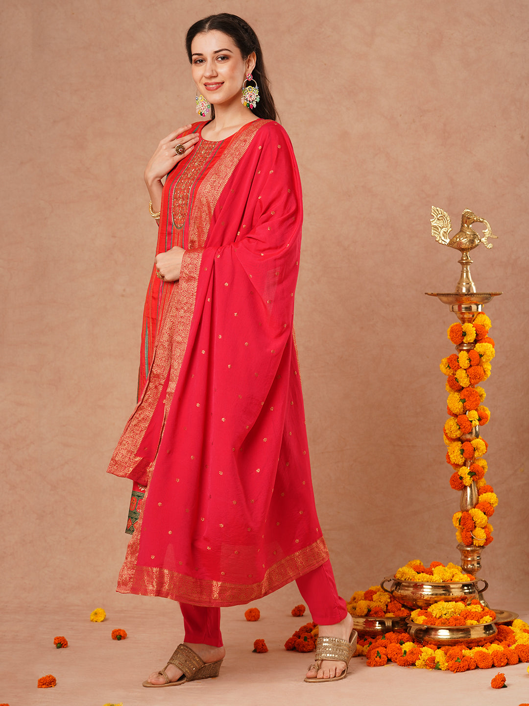 Ethnic Woven & Embroidered Straight Fit Kurta with Pant and Dupatta - Multi