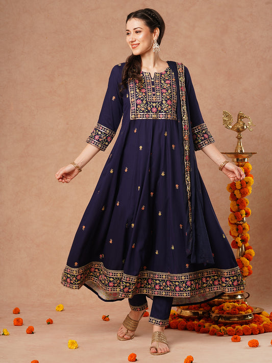 Solid Floral Embroidered Anarkali Kurta with Pant & Dupatta - Blue