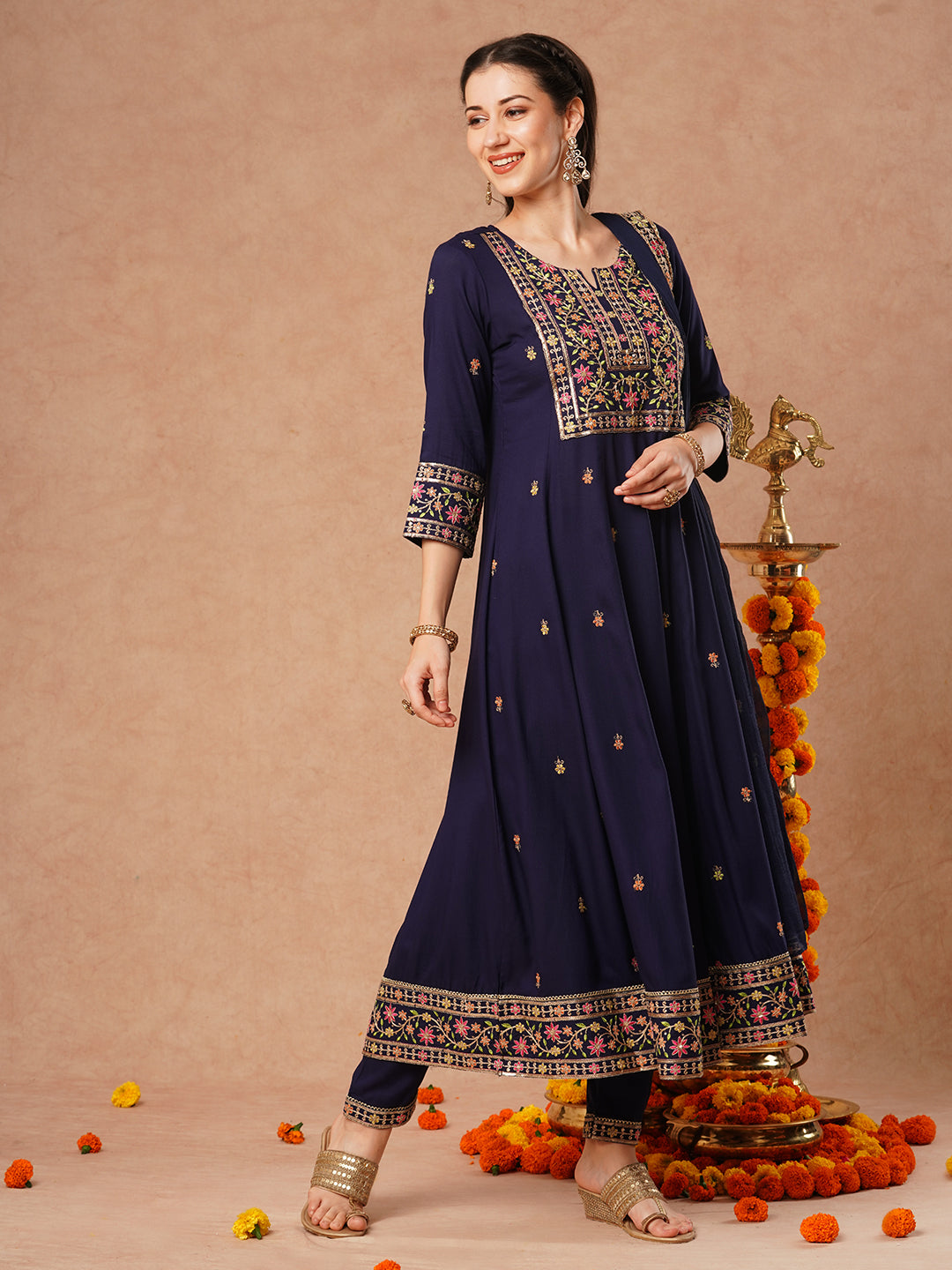 Solid Floral Embroidered Anarkali Kurta with Pant & Dupatta - Blue