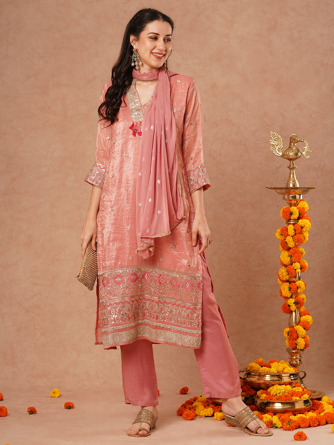 Solid Ethnic Embroidered Straight Fit Kurta with Pant and Dupatta - Pink