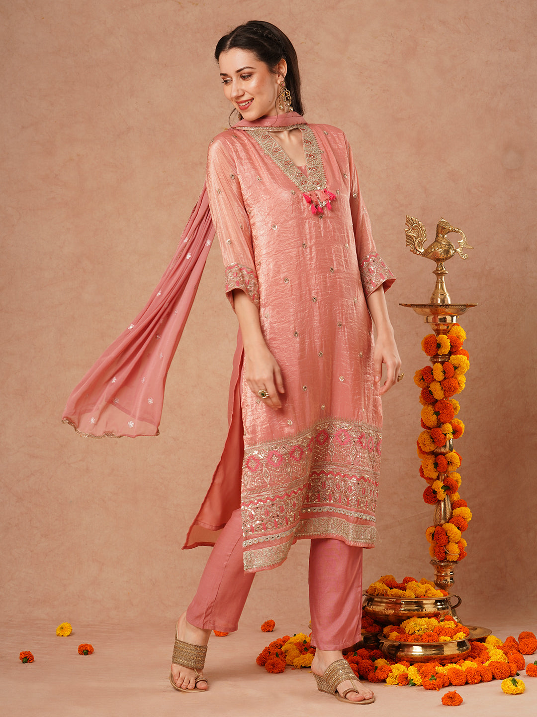 Solid Ethnic Embroidered Straight Fit Kurta with Pant and Dupatta - Pink