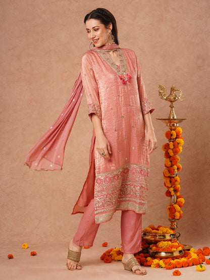 Solid Ethnic Embroidered Straight Fit Kurta with Pant and Dupatta - Pink