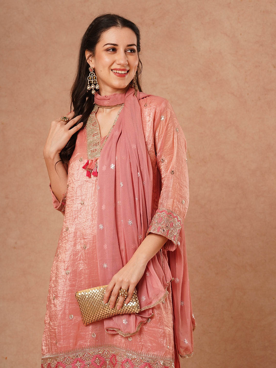 Solid Ethnic Embroidered Straight Fit Kurta with Pant and Dupatta - Pink