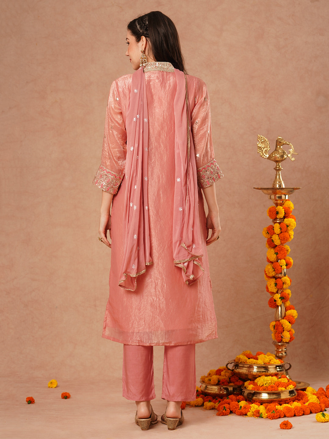 Solid Ethnic Embroidered Straight Fit Kurta with Pant and Dupatta - Pink