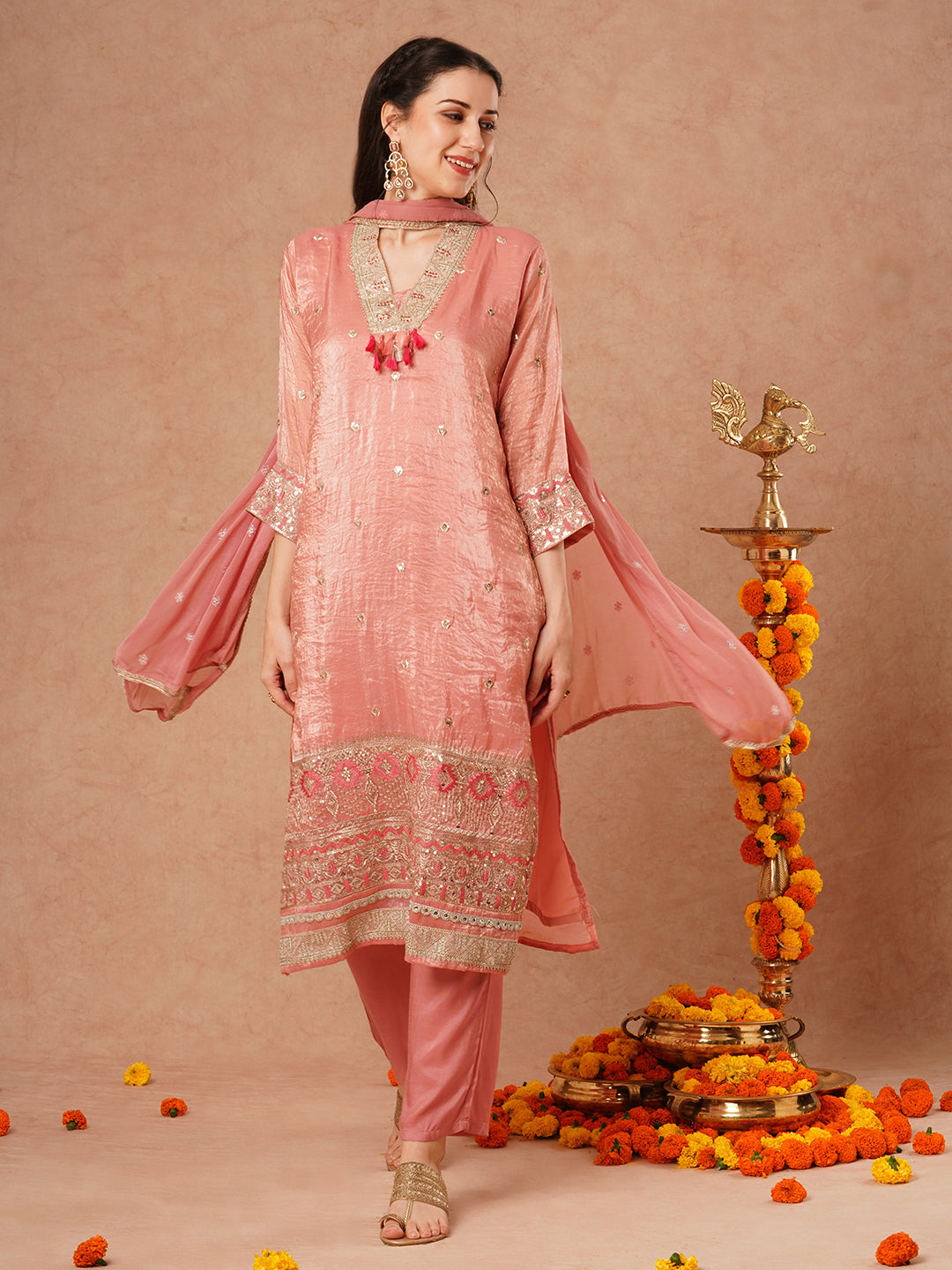 Solid Ethnic Embroidered Straight Fit Kurta with Pant and Dupatta - Pink