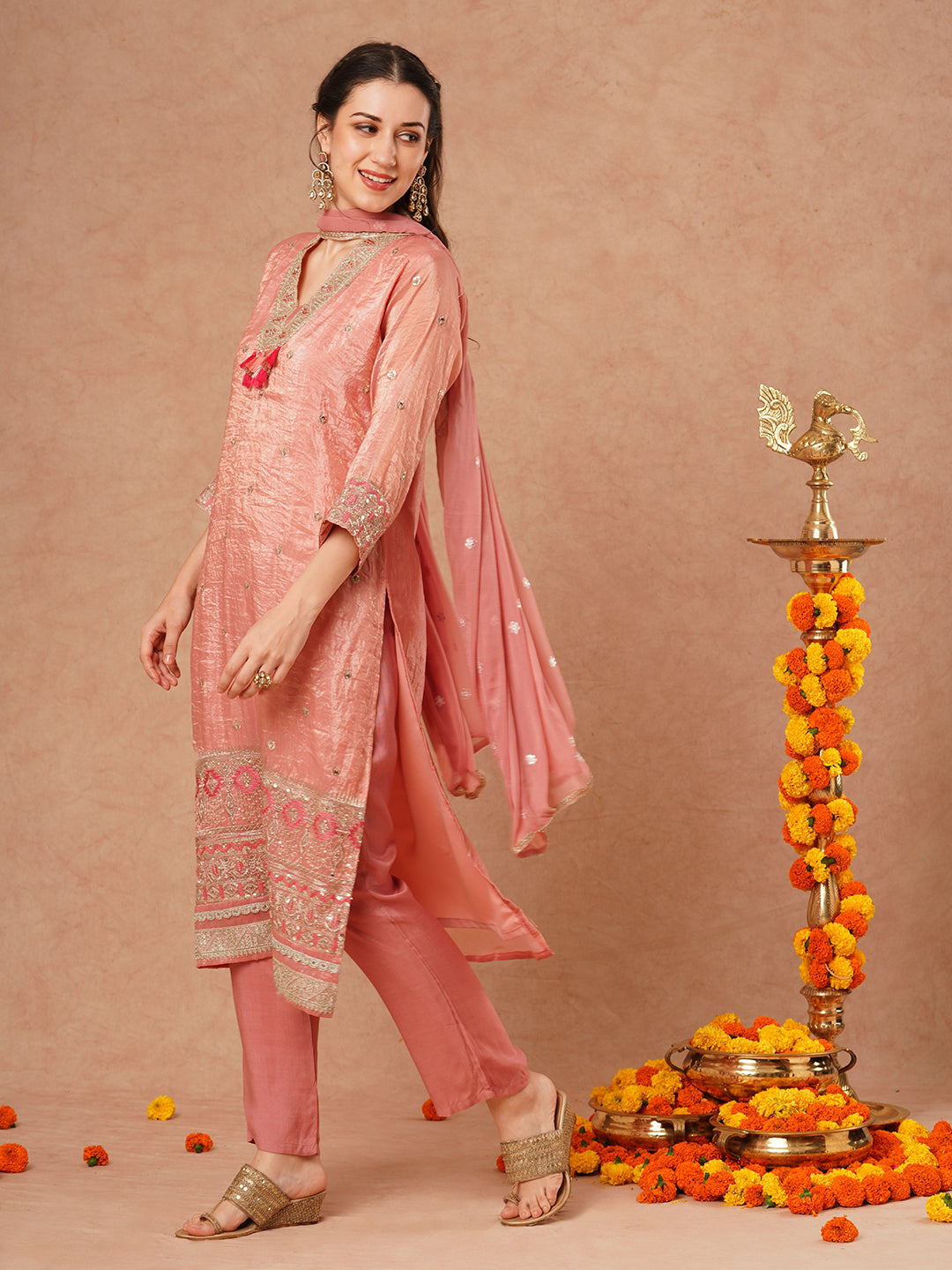 Solid Ethnic Embroidered Straight Fit Kurta with Pant and Dupatta - Pink