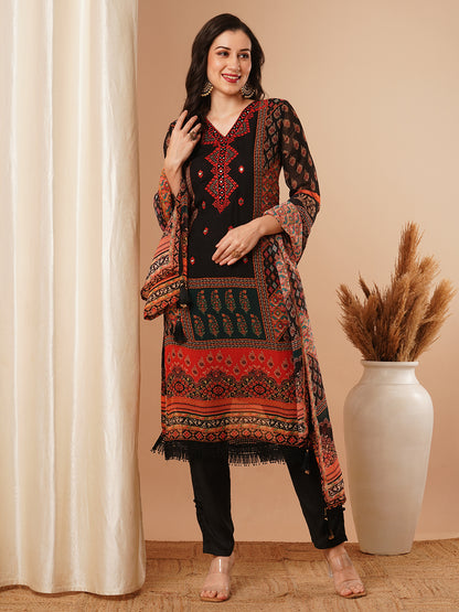 Ethnic Floral Printed Straight Kurta with Pant & Printed Dupatta - Black