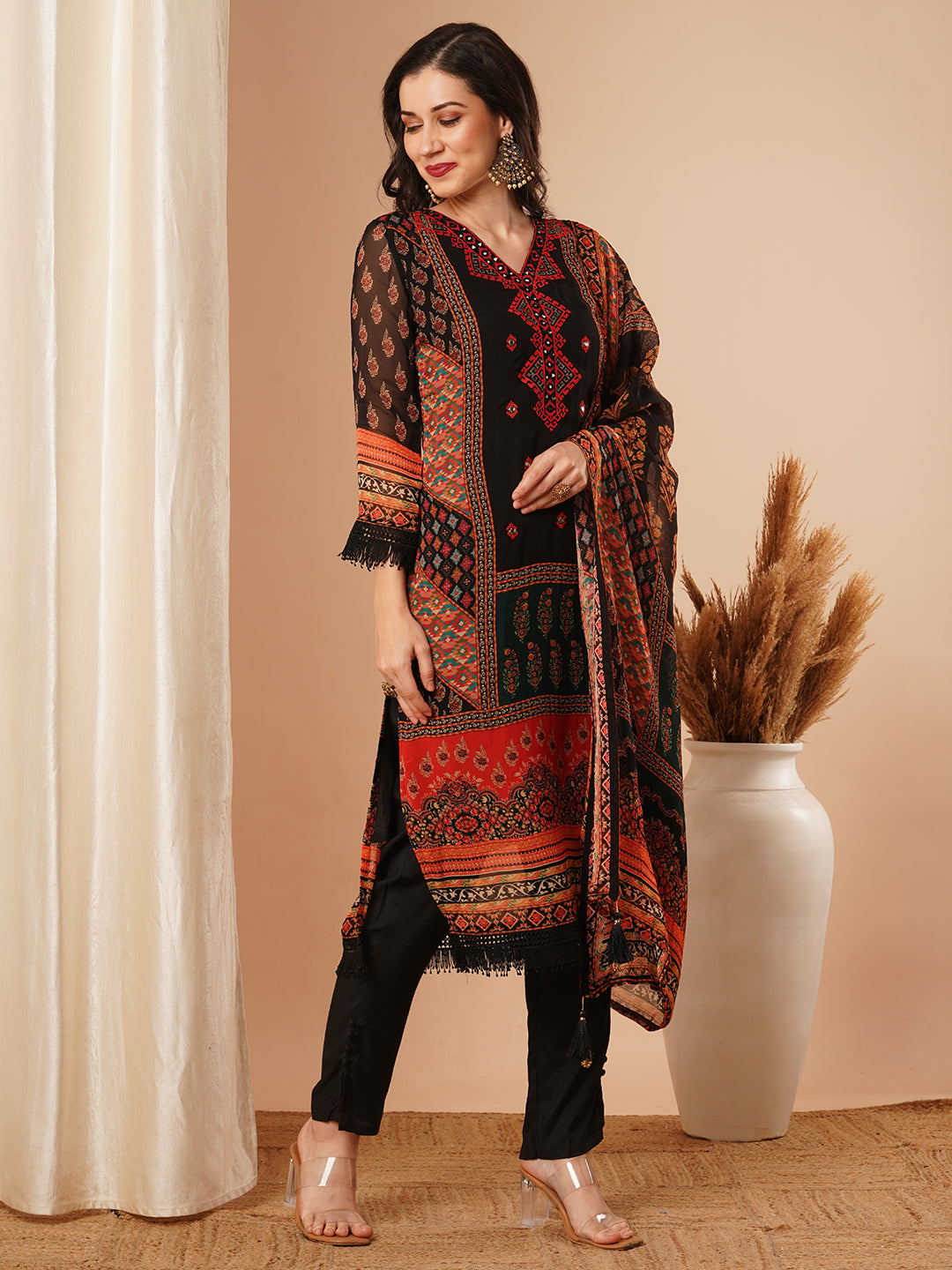 Ethnic Floral Printed Straight Kurta with Pant & Printed Dupatta - Black