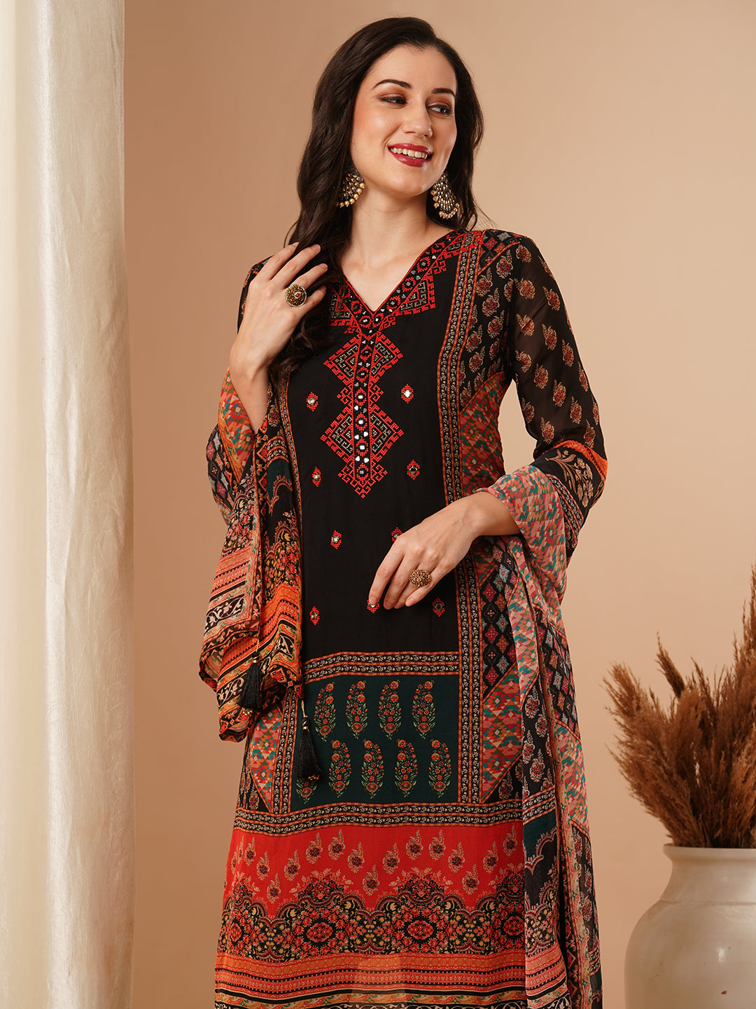 Ethnic Floral Printed Straight Kurta with Pant & Printed Dupatta - Black