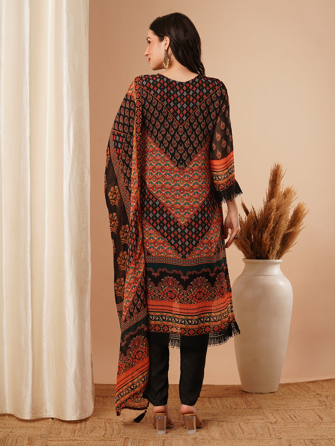 Ethnic Floral Printed Straight Kurta with Pant & Printed Dupatta - Black