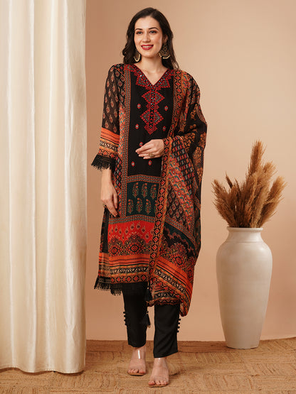 Ethnic Floral Printed Straight Kurta with Pant & Printed Dupatta - Black