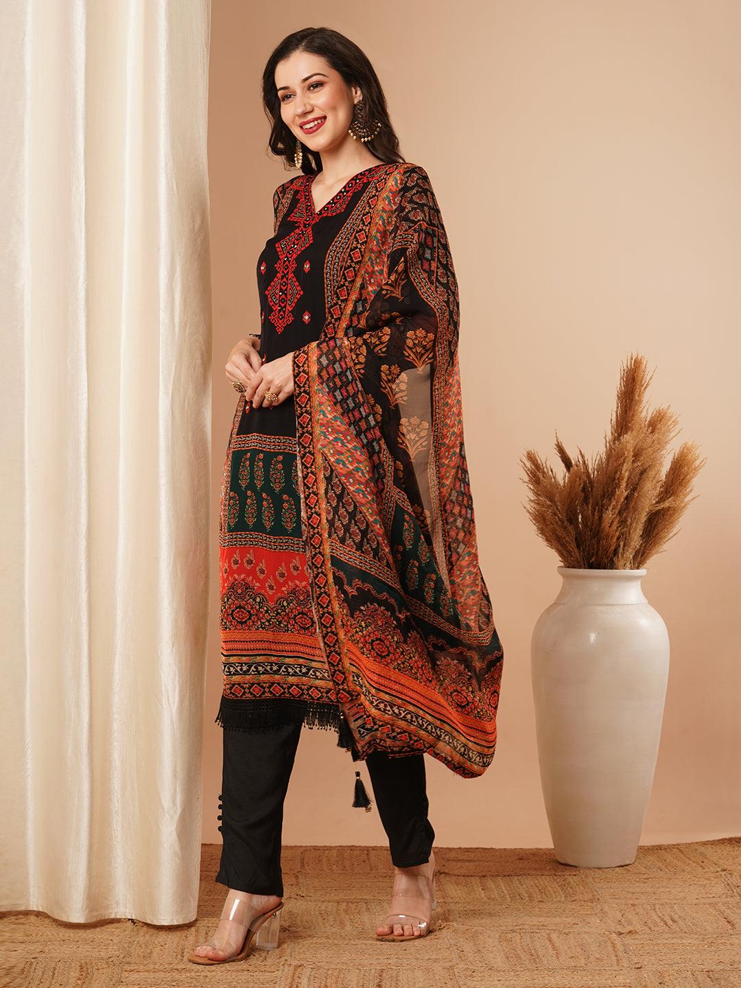 Ethnic Floral Printed Straight Kurta with Pant & Printed Dupatta - Black