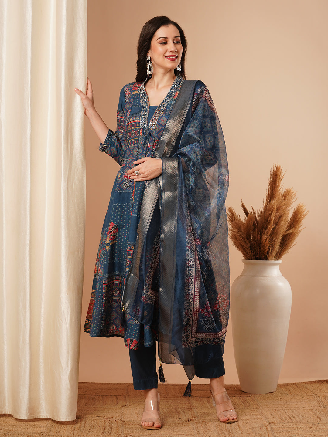 Ethnic Floral Printed & Embroidered A-Line Paneled Kurta with Pant and Dupatta - Blue