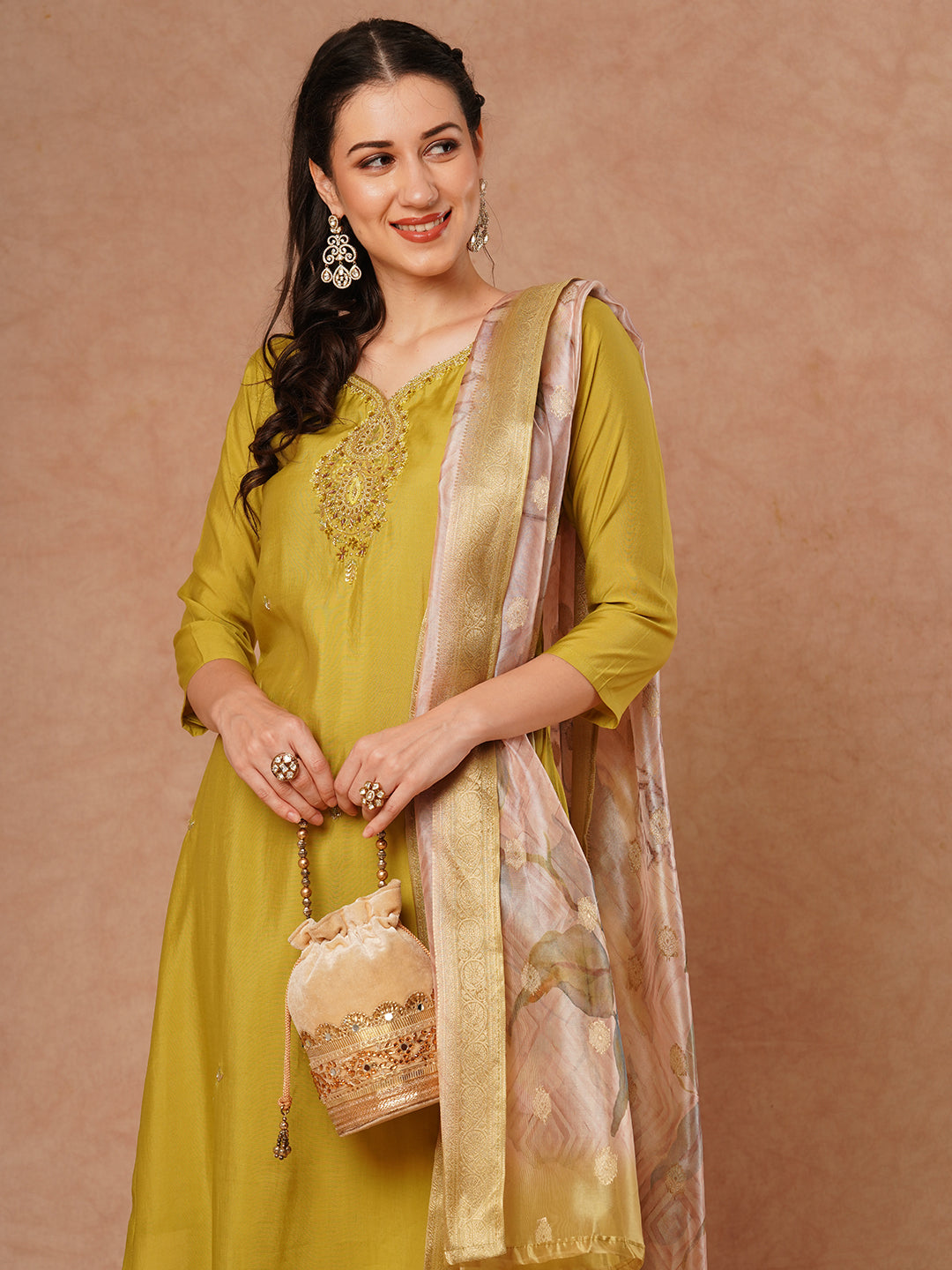 Solid Ethnic Hand Embroidered Straight Fit Kurta with Pant & Dupatta - Green