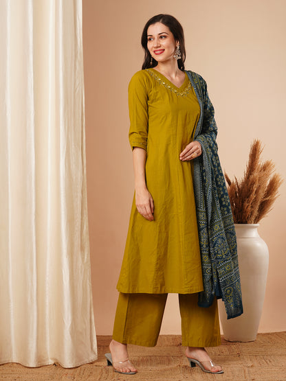 Solid Ethnic Mirror Embroidered Anarkali Kurta with Pant & Dupatta - Mustard Green