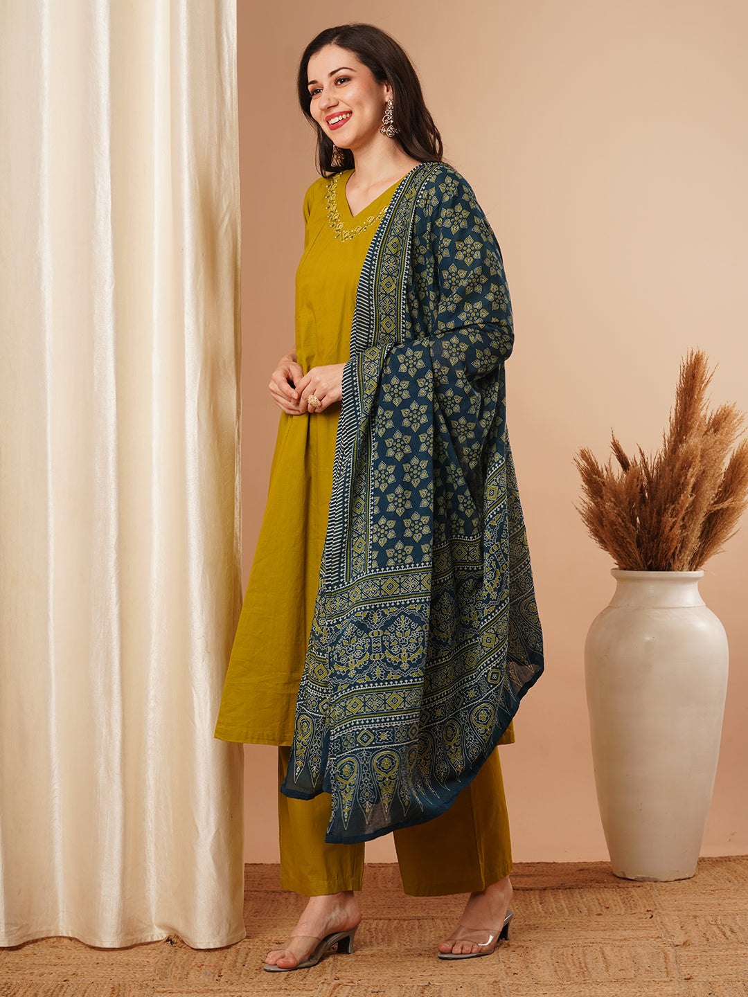 Solid Ethnic Mirror Embroidered Anarkali Kurta with Pant & Dupatta - Mustard Green