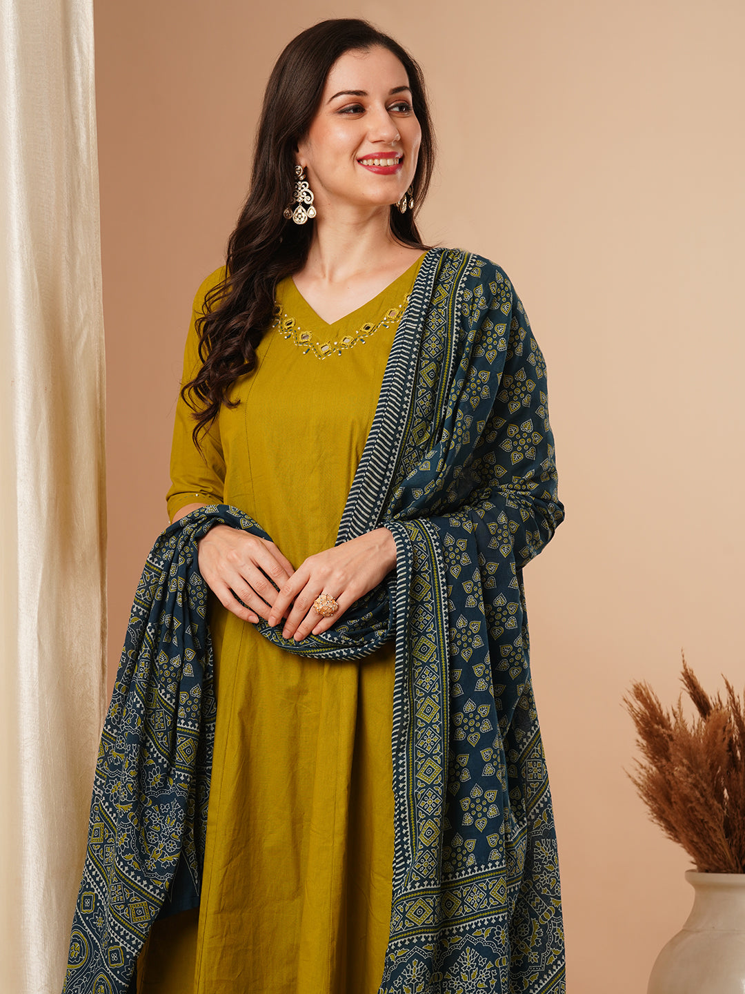 Solid Ethnic Mirror Embroidered Anarkali Kurta with Pant & Dupatta - Mustard Green