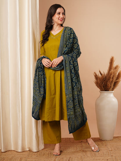 Solid Ethnic Mirror Embroidered Anarkali Kurta with Pant & Dupatta - Mustard Green