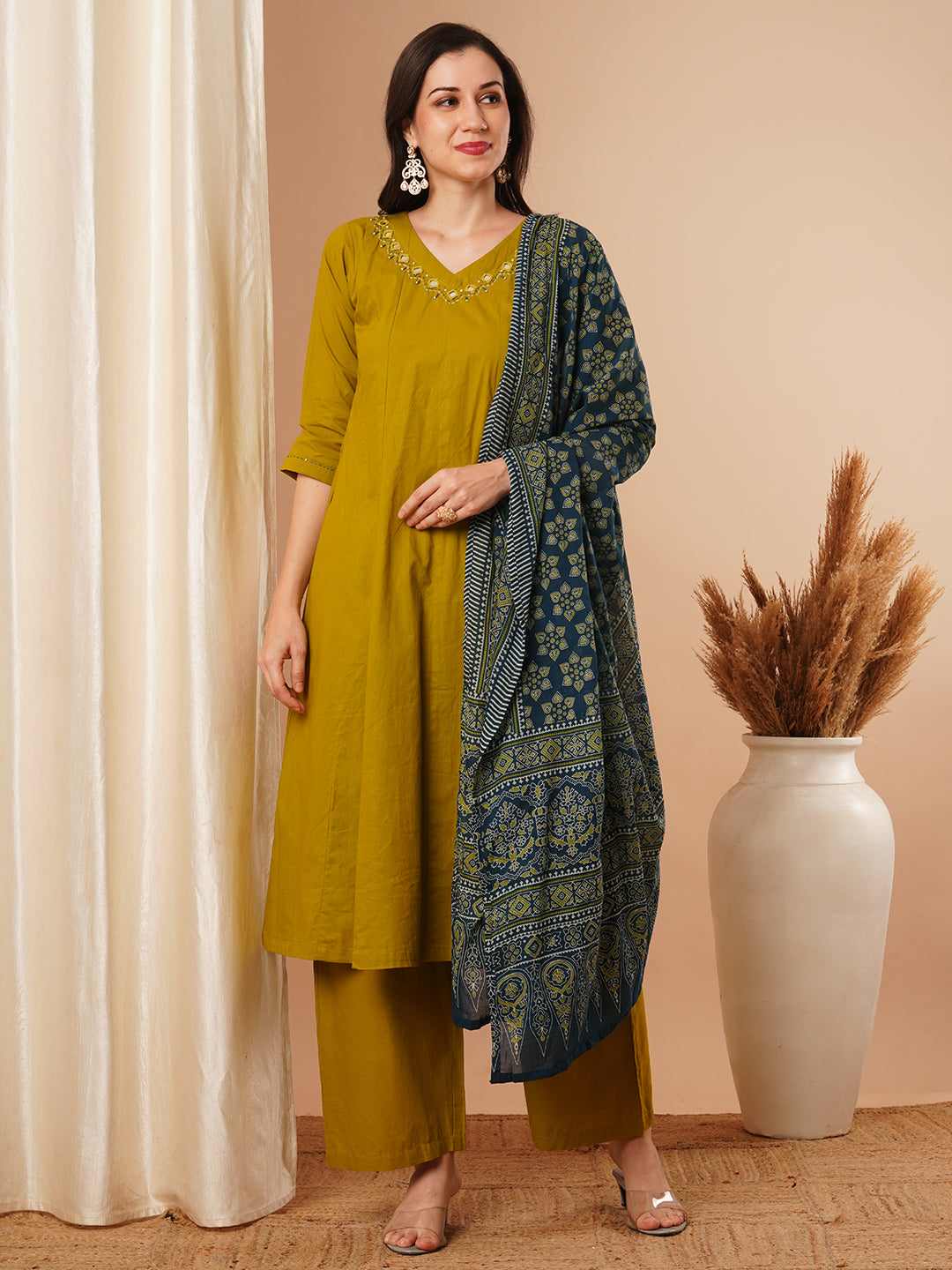 Solid Ethnic Mirror Embroidered Anarkali Kurta with Pant & Dupatta - Mustard Green