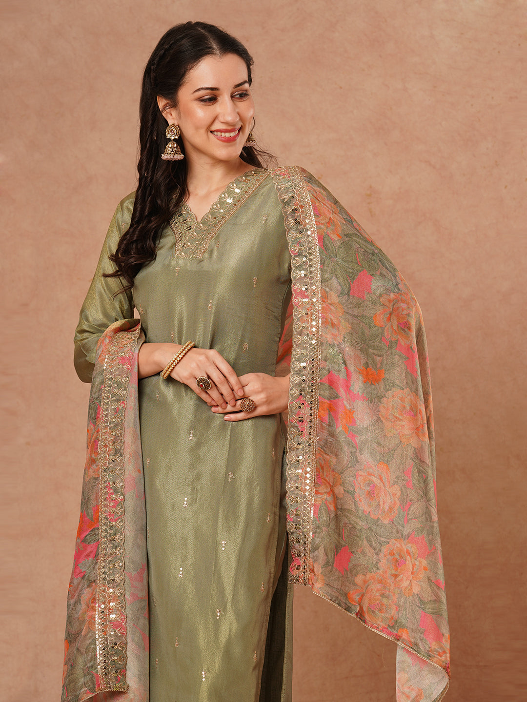 Solid Ethnic Embroidered Straight Fit Tissue Kurta with Pant and Printed Dupatta - Green