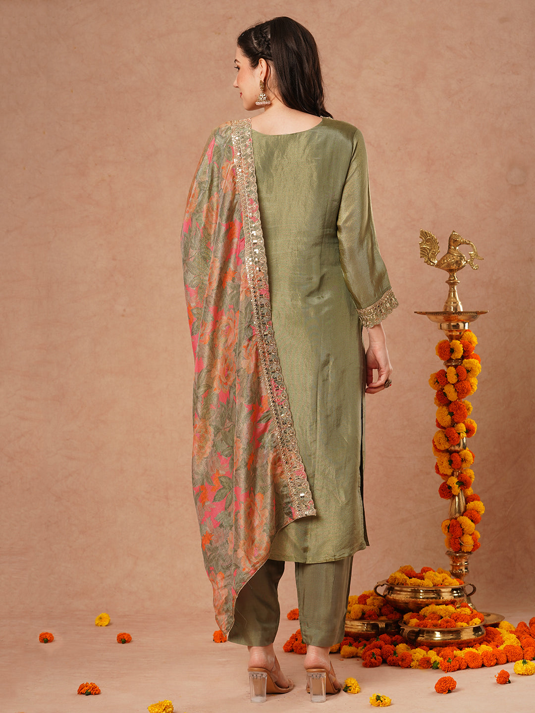 Solid Ethnic Embroidered Straight Fit Tissue Kurta with Pant and Printed Dupatta - Green