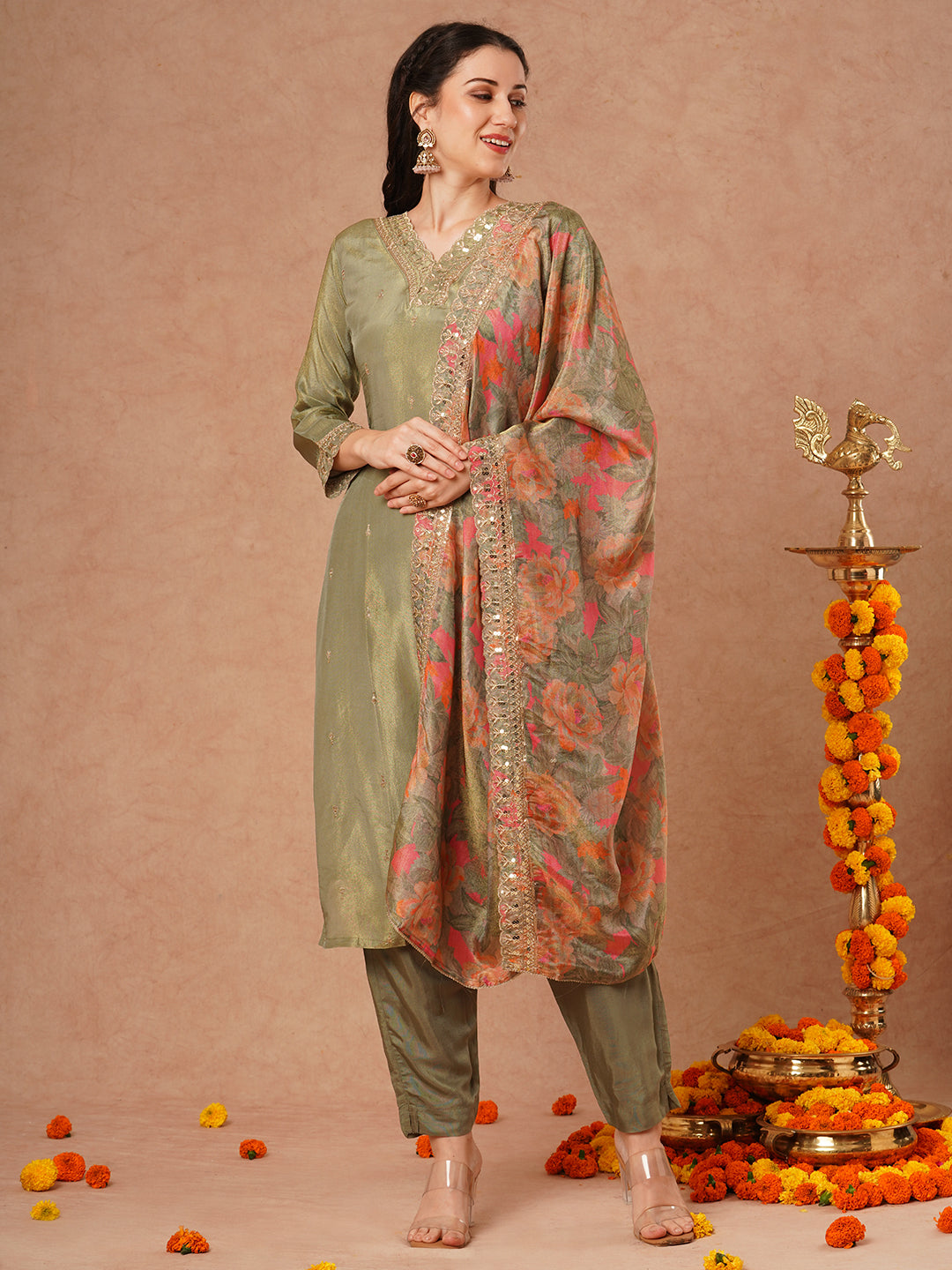 Solid Ethnic Embroidered Straight Fit Tissue Kurta with Pant and Printed Dupatta - Green