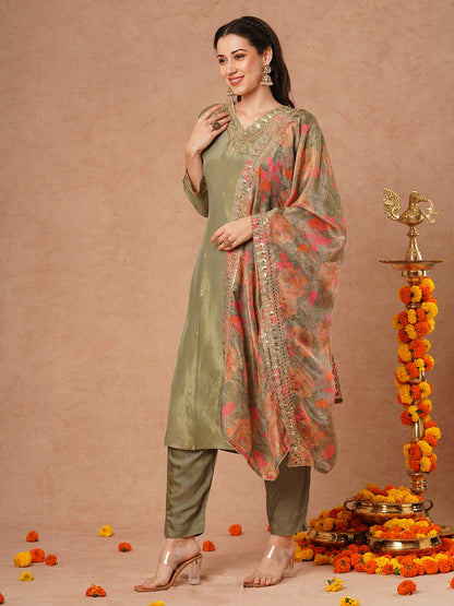 Solid Ethnic Embroidered Straight Fit Tissue Kurta with Pant and Printed Dupatta - Green