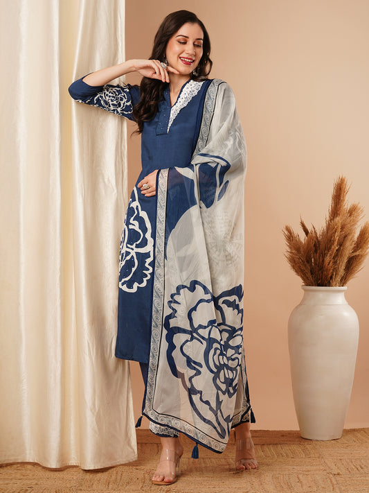 Abstract Floral Printed & Straight Fit Kurta with Pant and Dupatta - Blue