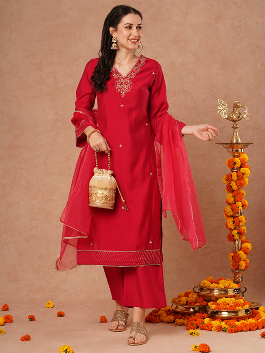 Solid Ethnic Hand Embroidered Straight Fit Kurta with Pant & Dupatta - Magenta