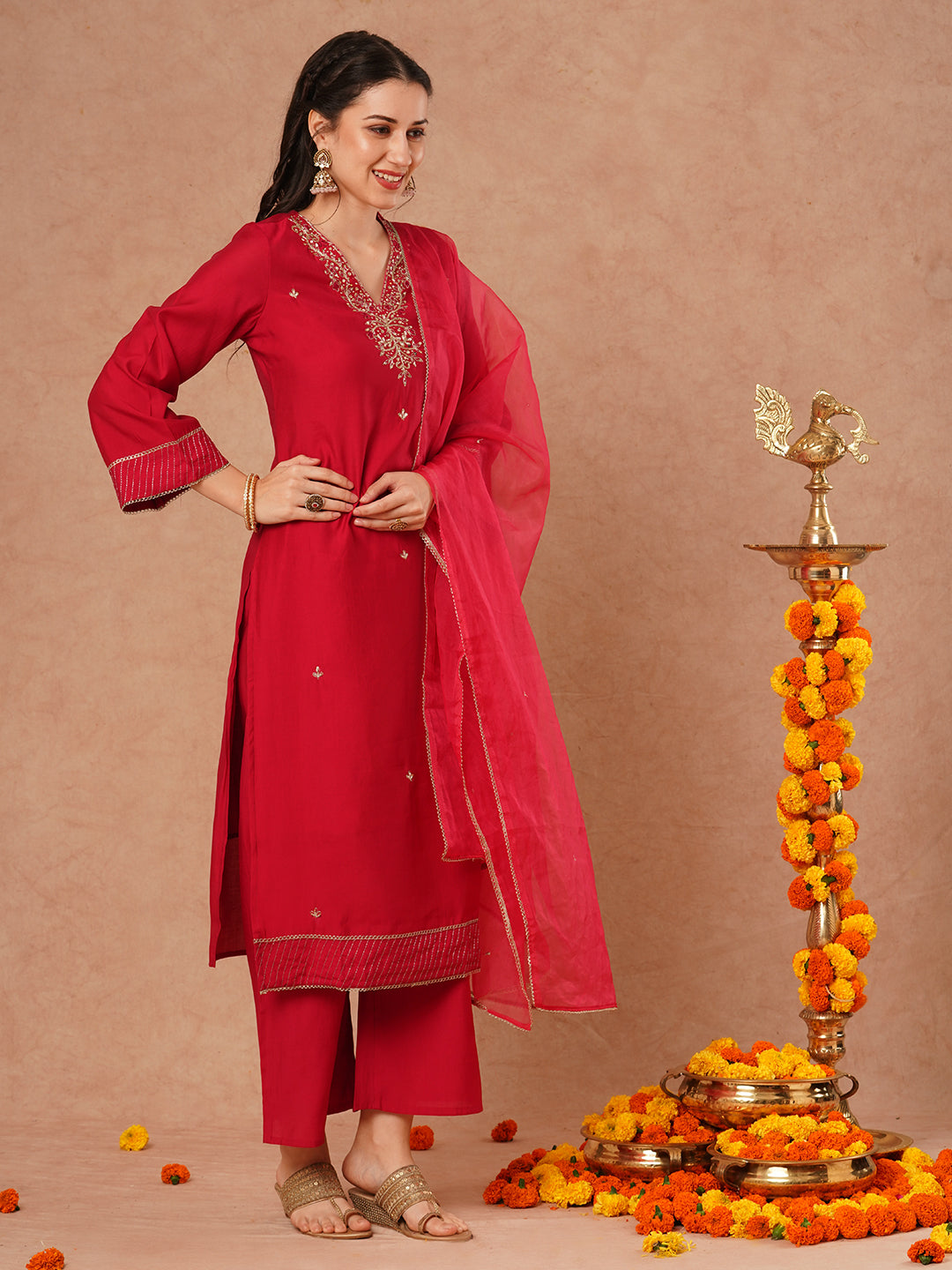 Solid Ethnic Hand Embroidered Straight Fit Kurta with Pant & Dupatta - Magenta