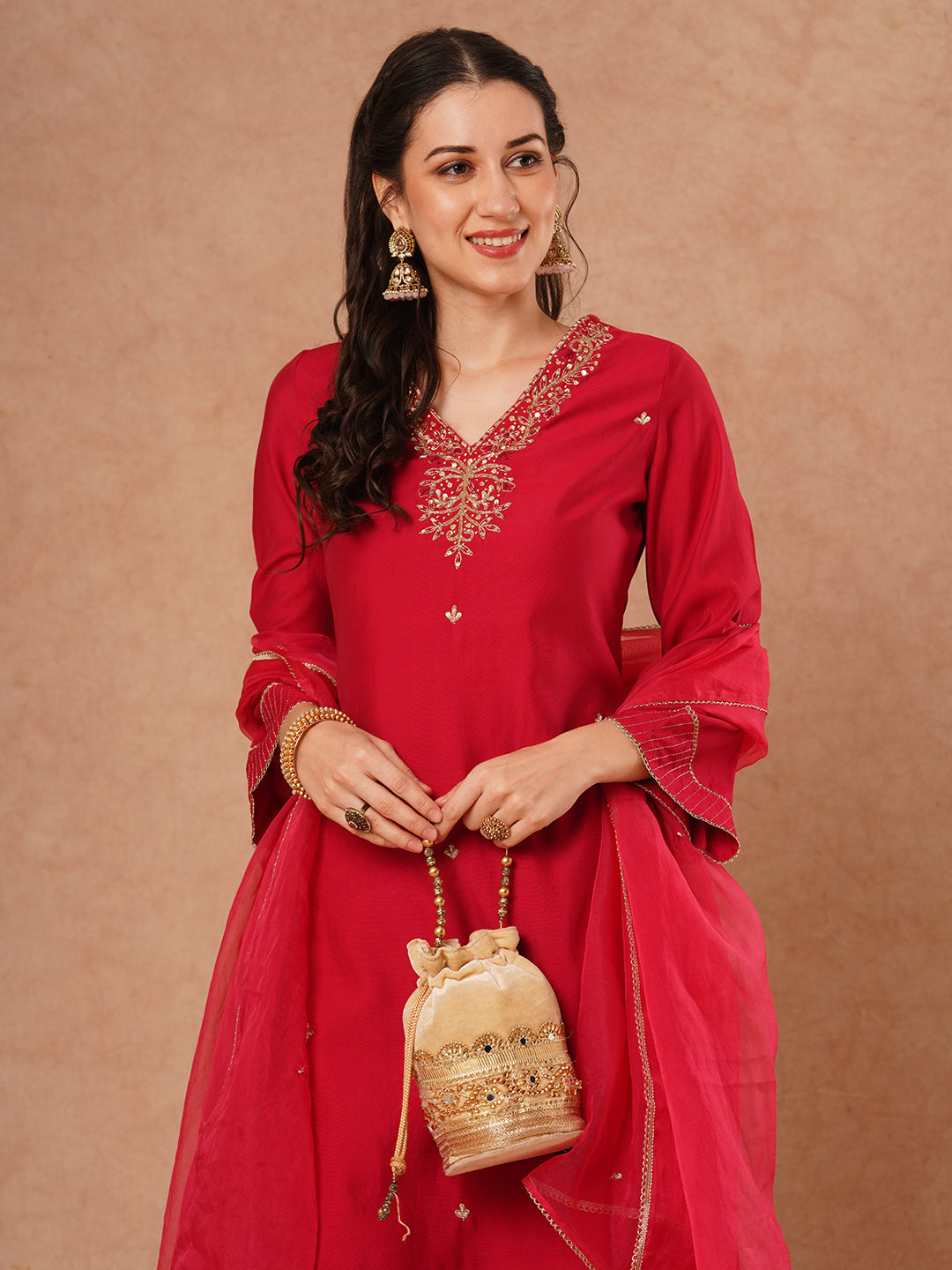 Solid Ethnic Hand Embroidered Straight Fit Kurta with Pant & Dupatta - Magenta