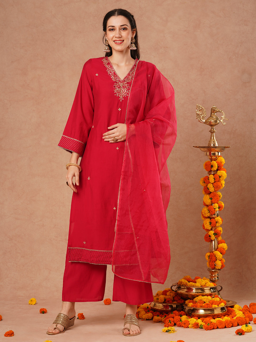 Solid Ethnic Hand Embroidered Straight Fit Kurta with Pant & Dupatta - Magenta