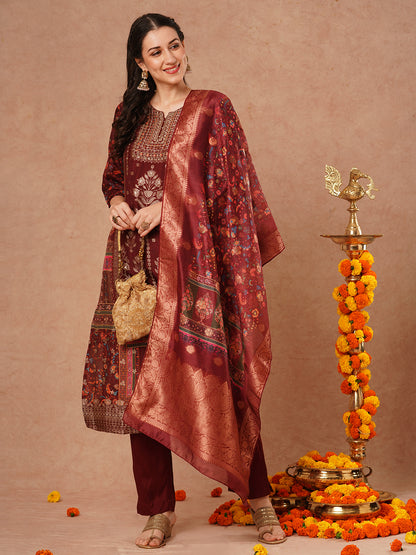 Ethnic Floral Printed & Hand Embroidered Straight Kurta with Pant & Dupatta - Brown