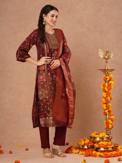 Ethnic Floral Printed & Hand Embroidered Straight Kurta with Pant & Dupatta - Brown