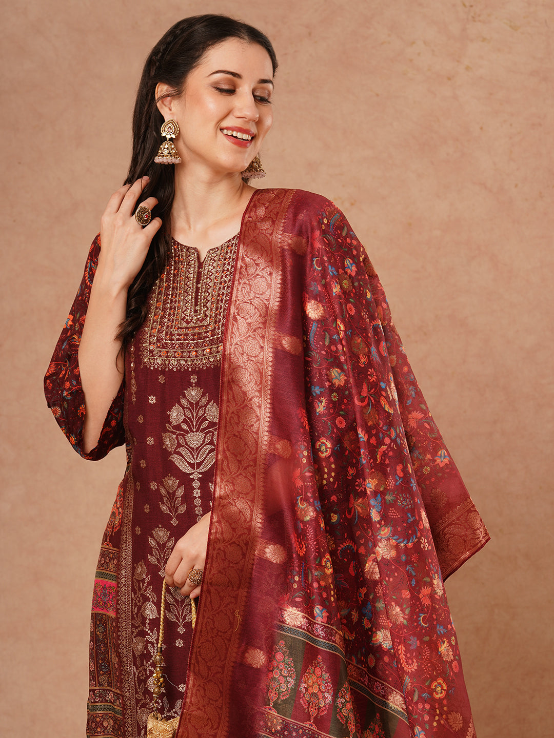 Ethnic Floral Printed & Hand Embroidered Straight Kurta with Pant & Dupatta - Brown