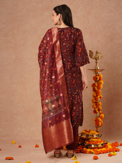 Ethnic Floral Printed & Hand Embroidered Straight Kurta with Pant & Dupatta - Brown