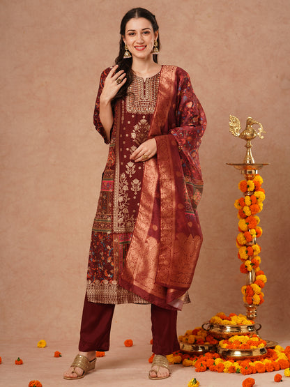 Ethnic Floral Printed & Hand Embroidered Straight Kurta with Pant & Dupatta - Brown