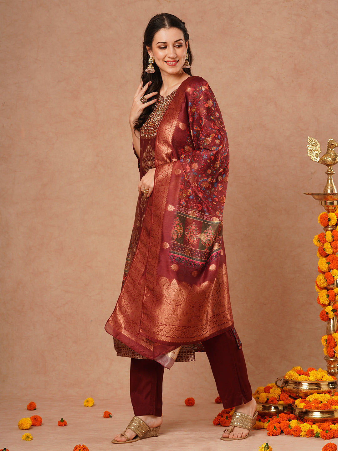 Ethnic Floral Printed & Hand Embroidered Straight Kurta with Pant & Dupatta - Brown